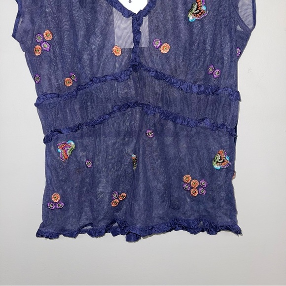 Joie Mesh Top Women's Size Medium Dark Blue‎ Embroidered Floral Short Sleeve MWT - Picture 4 of 6